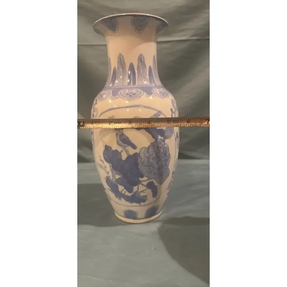 Vintage Blue and White Chinoiserie Porcelain Bird and Floral Baluster Vase